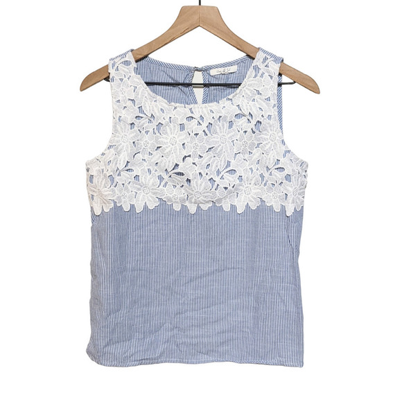 Unpublished Womens Striped Lace Overlay Tank Top Size M Blue White Floral - Picture 1 of 4